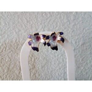 Vintage Purple And White Enamel Tropical Flower Stud Earrings